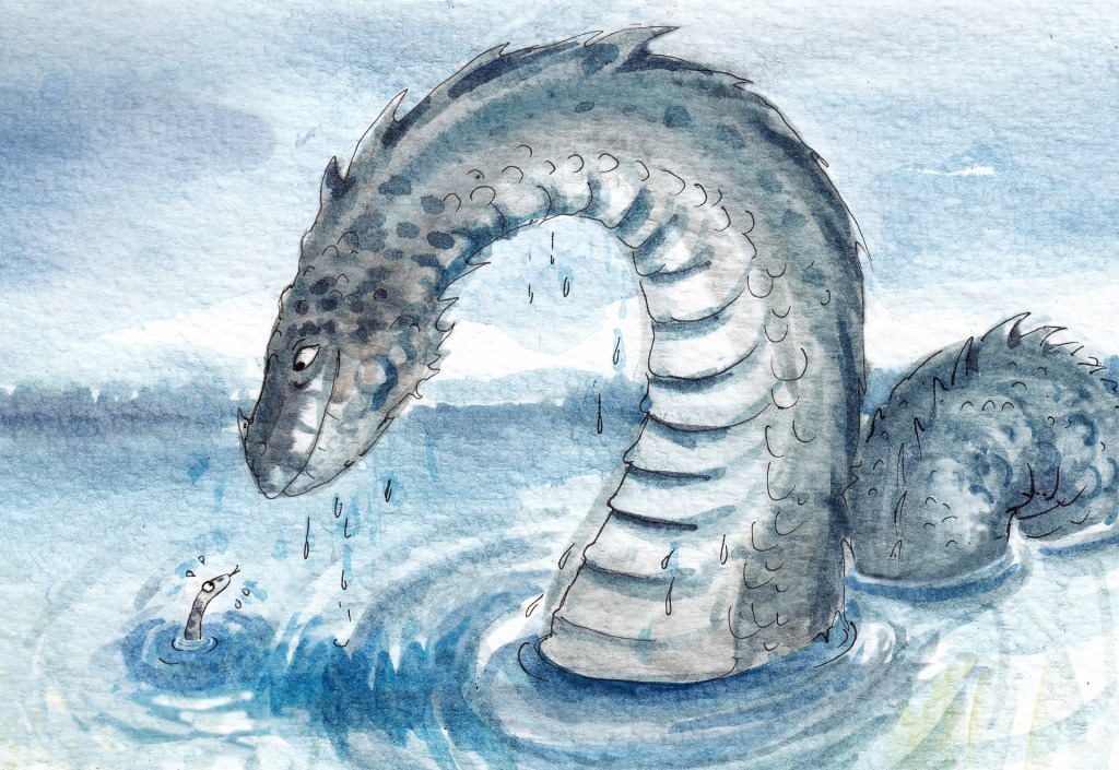 drawing of loch ness monster as a friendly dragon in the lake